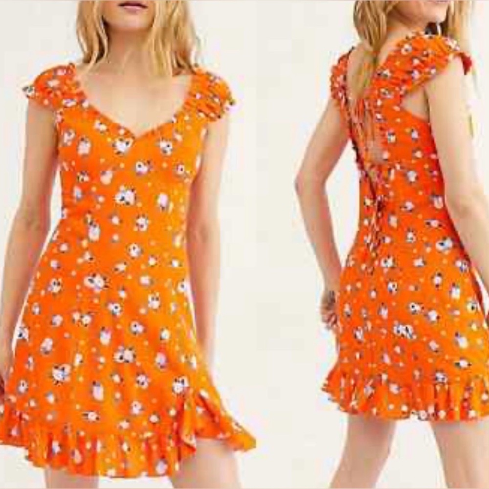 Free People Like A Lady Printed Mini Dress in the Orange Combo xs